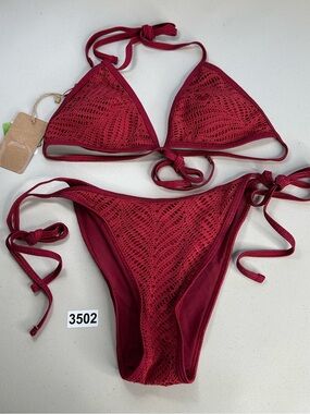 Berlook Bikini Set Burgundy Small Crochet Halter Triangle Top Tie Bikini Bottom